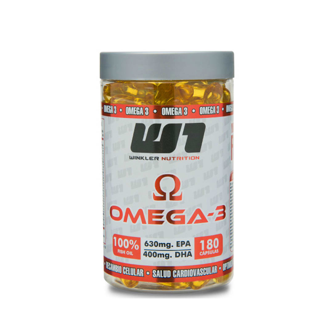 Frasco de Omega 3 Fish Oil de Winkler Nutrition con 180 cápsulas. Destaca 3000mg de aceite de pescado, 630mg EPA, 400mg DHA, sin gluten y libre de mercurio.