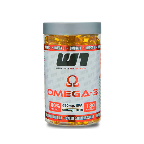 Frasco de Omega 3 Fish Oil de Winkler Nutrition con 180 cápsulas. Destaca 3000mg de aceite de pescado, 630mg EPA, 400mg DHA, sin gluten y libre de mercurio.