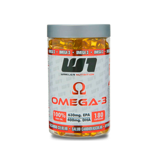 Frasco de Omega 3 Fish Oil de Winkler Nutrition con 180 cápsulas. Destaca 3000mg de aceite de pescado, 630mg EPA, 400mg DHA, sin gluten y libre de mercurio.