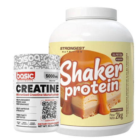 Pack Shaker Strongest sabor Vainilla Caramelo + Creatina Basic 300g — TBH Suplementos