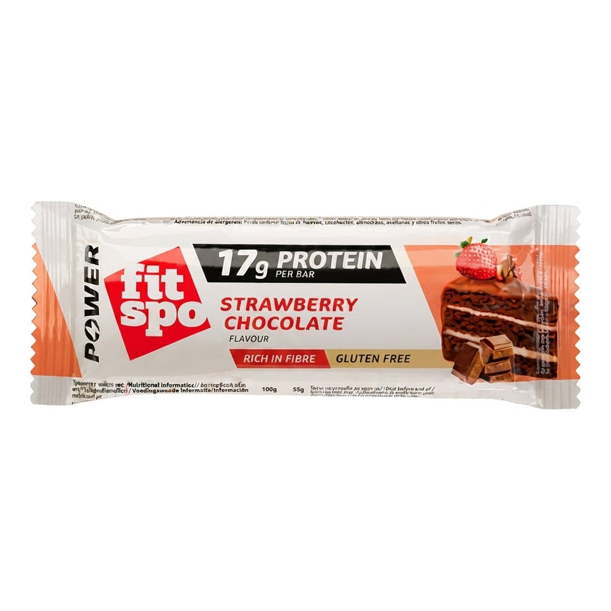 Barra de proteína Power Bar FitSpo sabor Strawberry Chocolate 55g - 17 g de proteína por barra, sin gluten y rica en fibra - vista frontal del envase