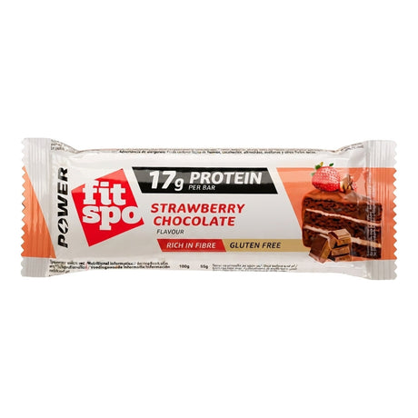 Barra de proteína Power Bar FitSpo sabor Strawberry Chocolate 55g - 17 g de proteína por barra, sin gluten y rica en fibra - vista frontal del envase