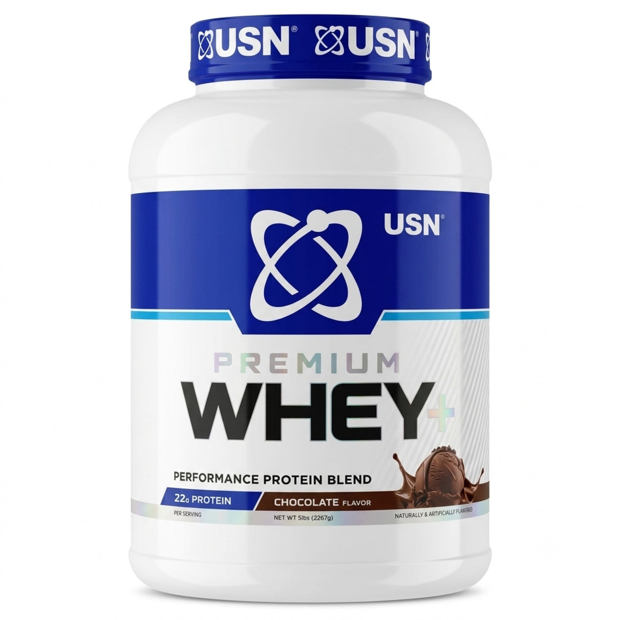 Proteína Premium Whey+ USN 5 lb sabor Chocolate — 22 g de proteína por porción — vista frontal del envase