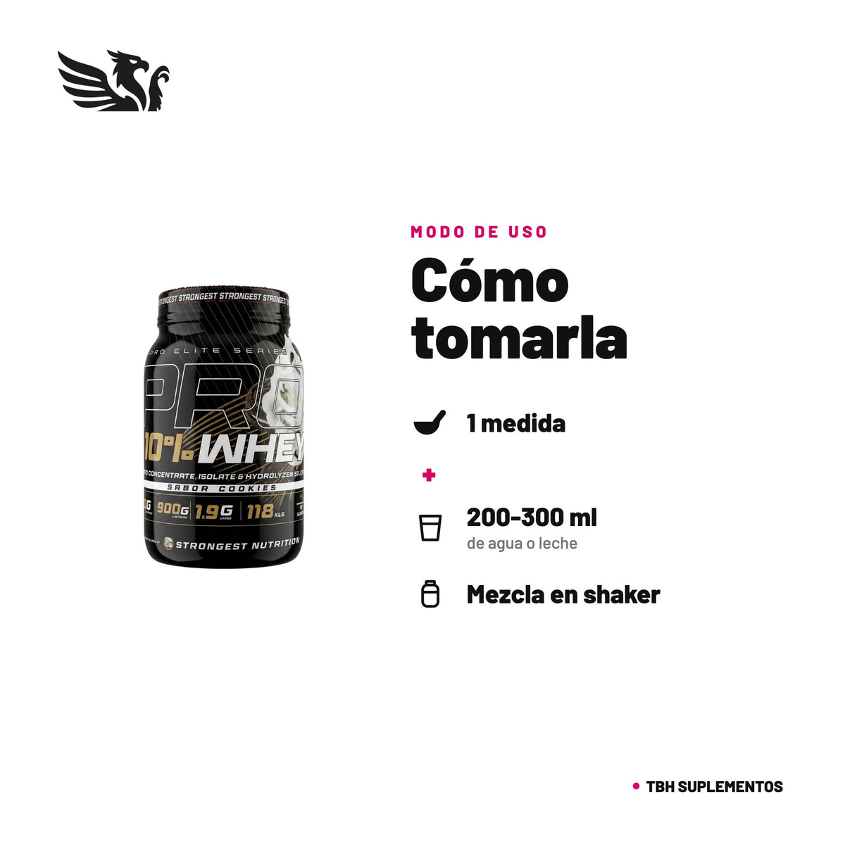 Pro 100% Whey Strongest — cómo tomarla, modo de uso: 1 medida en 200-300 ml de agua o leche, 1 a 2 veces al día. 100% original, envío a todo Chile.