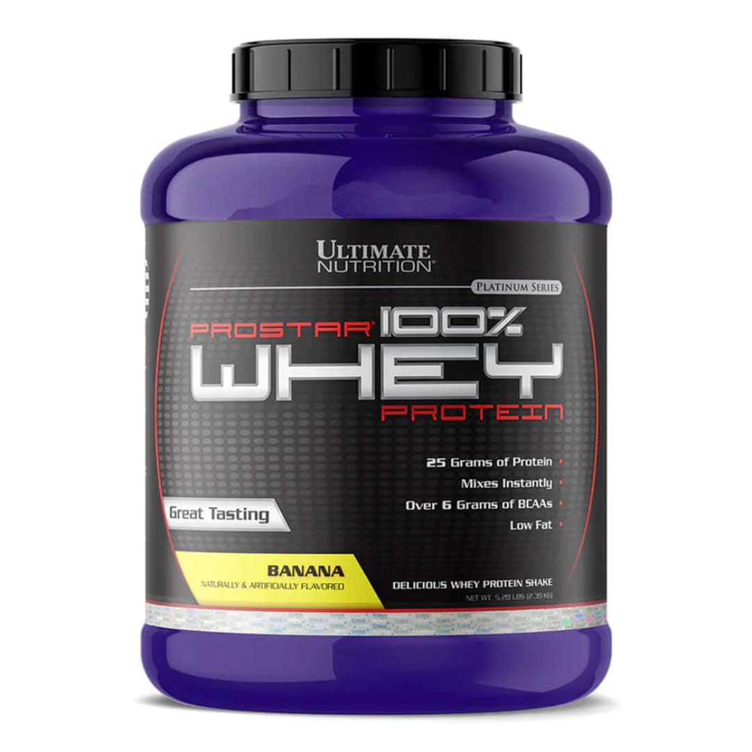 Prostar 100% Whey Protein de Ultimate Nutrition, suplemento de proteína sabor banana, envase de 5 libras, ideal para crecimiento muscular y recuperación