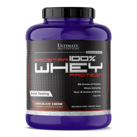 Prostar 100% Whey Protein de Ultimate Nutrition, suplemento de proteína sabor chocolate, envase de 5 libras, ideal para crecimiento muscular y recuperación