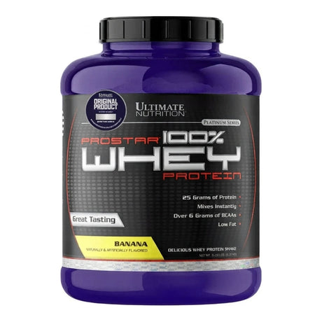 Proteína Prostar 100% Whey Ultimate Nutrition sabor Banana — envase de 5 lb (2,39 kg) — 25 g de proteína por porción — vista frontal