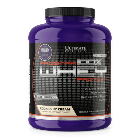 Proteína Prostar 100% Whey Ultimate Nutrition sabor Cookies & Cream — envase de 5 lb (2,39 kg) — 25 g de proteína por porción — vista frontal