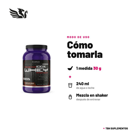 Prostar 100% Whey Ultimate Nutrition — cómo tomarla, modo de uso: 1 medida (30 g) en 240 ml de agua o leche, 1 a 3 veces al día. Ideal después de entrenar; agita 25-30 segundos en shaker. 100% original, envío a todo Chile.