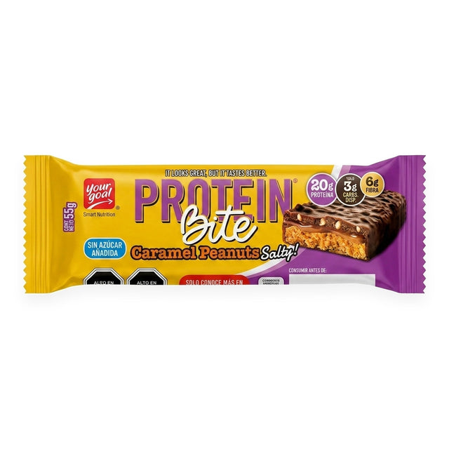 Barra de proteína Protein Bite Your Goal sabor Caramel Peanuts Salty 55g - 20 g de proteína por porción - vista frontal del envase