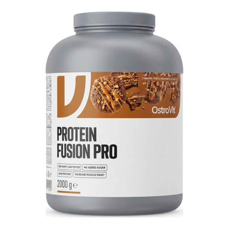 Proteína Protein Fusion Pro Ostrovit sabor Caramel Fudge Brownie — proteína multifuente, 21 g de proteína por porción — vista frontal del envase