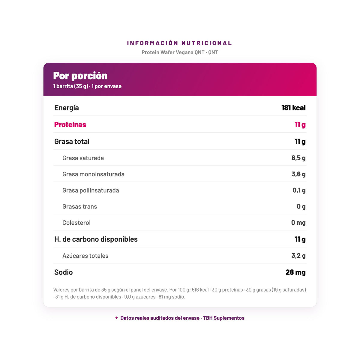 Protein Wafer Vegana QNT — información nutricional por porción, datos verificados del envase