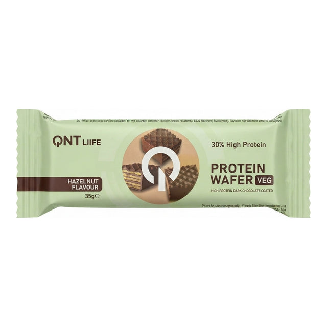 Oblea de proteína vegana Protein Wafer QNT sabor Hazelnut 35 g - 11 g de proteína vegetal, bañada en chocolate negro - vista frontal del envase