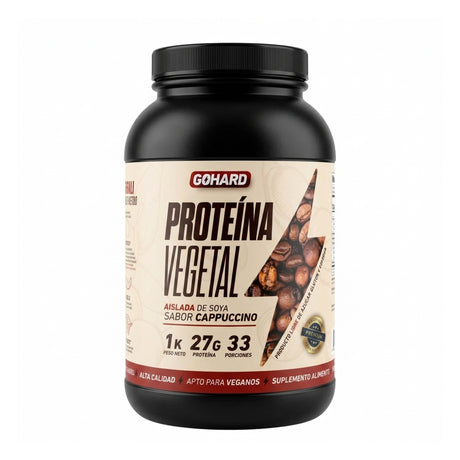 Proteína Vegana GoHard aislada de soya sabor Cappuccino 1 kg - 27 g de proteína por porción, libre de azúcar, gluten y lactosa - vista frontal del envase