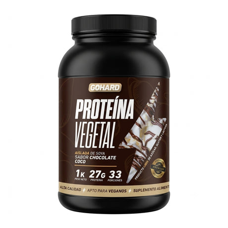 Proteína Vegana GoHard aislada de soya sabor Chocolate Coco 1 kg - 27 g de proteína por porción, libre de azúcar, gluten y lactosa - vista frontal del envase