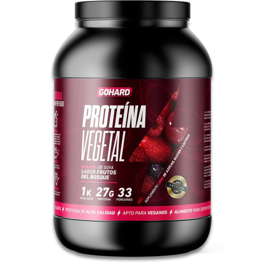 Proteína Vegetal de Gohard, suplemento de proteína vegetal sabor frutos del bosque, envase de 2.2 lb, ideal para crecimiento muscular y recuperación