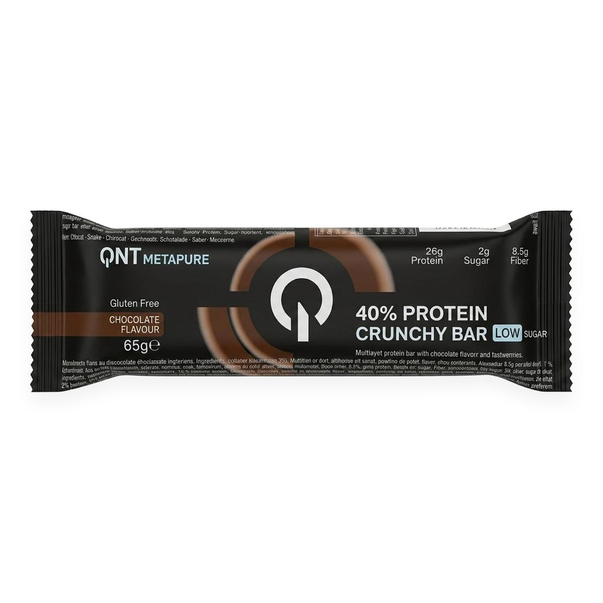 Barra de proteína QNT Metapure 40% Crunchy Bar sabor Chocolate 65g - 26 g de proteína por porción, gluten free - vista frontal del envase