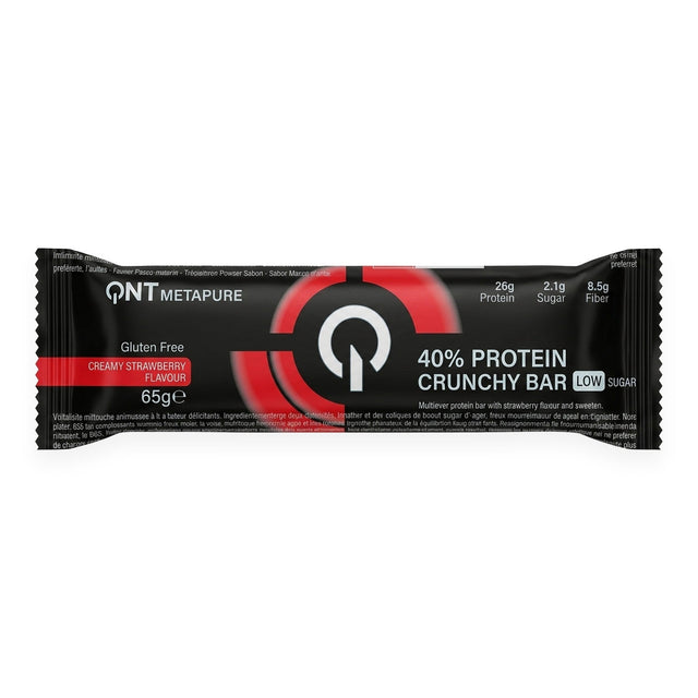Barra de proteína QNT Metapure 40% Crunchy Bar sabor Creamy Strawberry 65g - 26 g de proteína por porción, gluten free - vista frontal del envase
