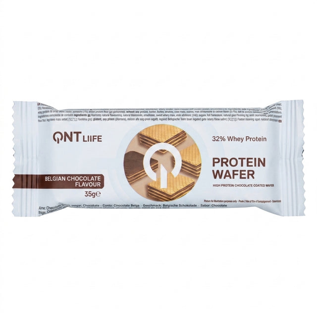 Protein Wafer QNT 35 g sabor Belgian Chocolate — oblea de proteína con 11 g de proteína — vista frontal del envase