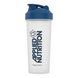 Shaker Applied Nutrition 600 ml de cuerpo translúcido con tapa azul marino, pico abatible y argolla, libre de BPA — logo Applied Nutrition
