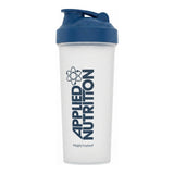 Shaker Applied Nutrition 600 ml de cuerpo translúcido con tapa azul marino, pico abatible y argolla, libre de BPA — logo Applied Nutrition
