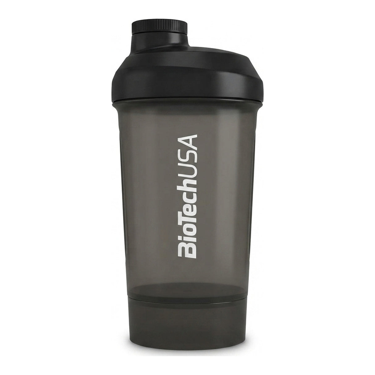 Shaker BioTechUSA negro 2 en 1 con compartimento portaproteína desmontable en el fondo, libre de BPA y DEHP — logo BioTechUSA