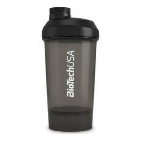 Shaker BioTechUSA negro 2 en 1 con compartimento portaproteína desmontable en el fondo, libre de BPA y DEHP — logo BioTechUSA
