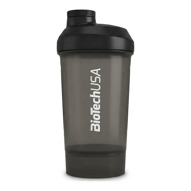 Shaker BioTechUSA negro 2 en 1 con compartimento portaproteína desmontable en el fondo, libre de BPA y DEHP — logo BioTechUSA