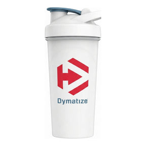 Shaker Dymatize de 700 ml — coctelera blanca con tapa a rosca, pico abatible y argolla, libre de BPA y DEHP — logo Dymatize