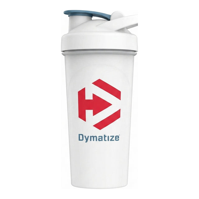 Shaker Dymatize de 700 ml — coctelera blanca con tapa a rosca, pico abatible y argolla, libre de BPA y DEHP — logo Dymatize