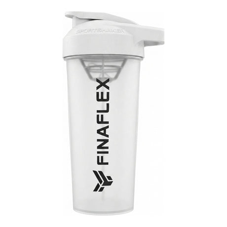 Shaker Finaflex de 600 ml (SportShaker) — coctelera de cuerpo transparente con tapa blanca y rejilla mezcladora, libre de BPA, con pico abatible y argolla — logo FINAFLEX