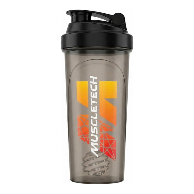 Shaker MuscleTech 700 ml negro con resorte mezclador metálico, tapa negra con pico abatible y argolla, libre de BPA y DEHP — logo MuscleTech