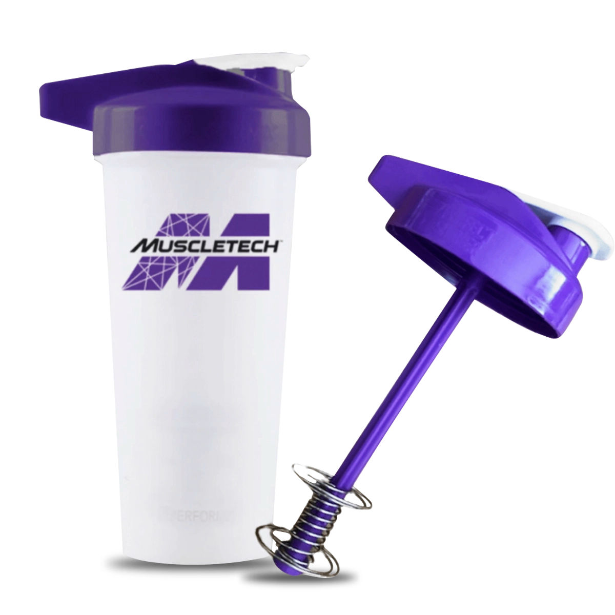 Shaker MuscleTech White Purple 600 ml, vaso mezclador libre de BPA