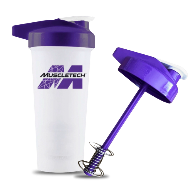 Shaker MuscleTech White Purple 600 ml, vaso mezclador libre de BPA