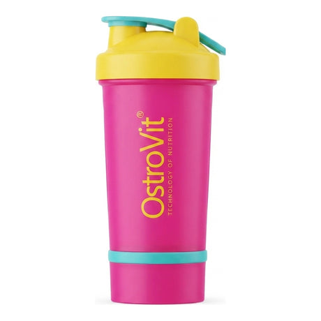 Shaker OstroVit 400 ml rosado 2 en 1 con portaproteína desmontable en la base, tapa amarilla con pico abatible y argolla — logo OstroVit
