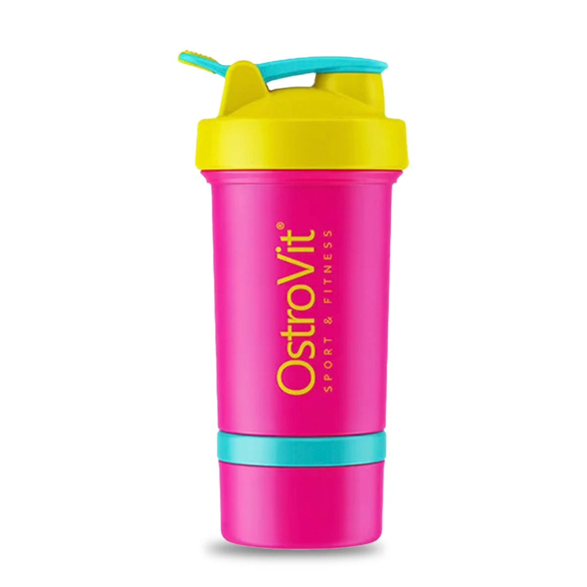 Shaker OstroVit Miami Vibes de 400 ml en color rosado, con el compartimento inferior visible y el logo de OstroVit