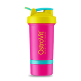 Shaker OstroVit Miami Vibes de 400 ml en color rosado, con el compartimento inferior visible y el logo de OstroVit