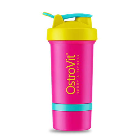 Shaker OstroVit Miami Vibes de 400 ml en color rosado, con el compartimento inferior visible y el logo de OstroVit