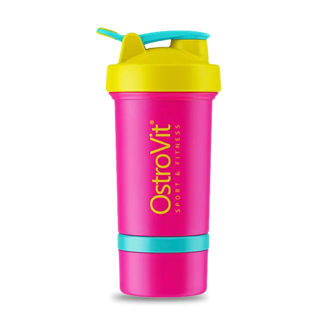 Shaker OstroVit Miami Vibes de 400 ml en color rosado, con el compartimento inferior visible y el logo de OstroVit