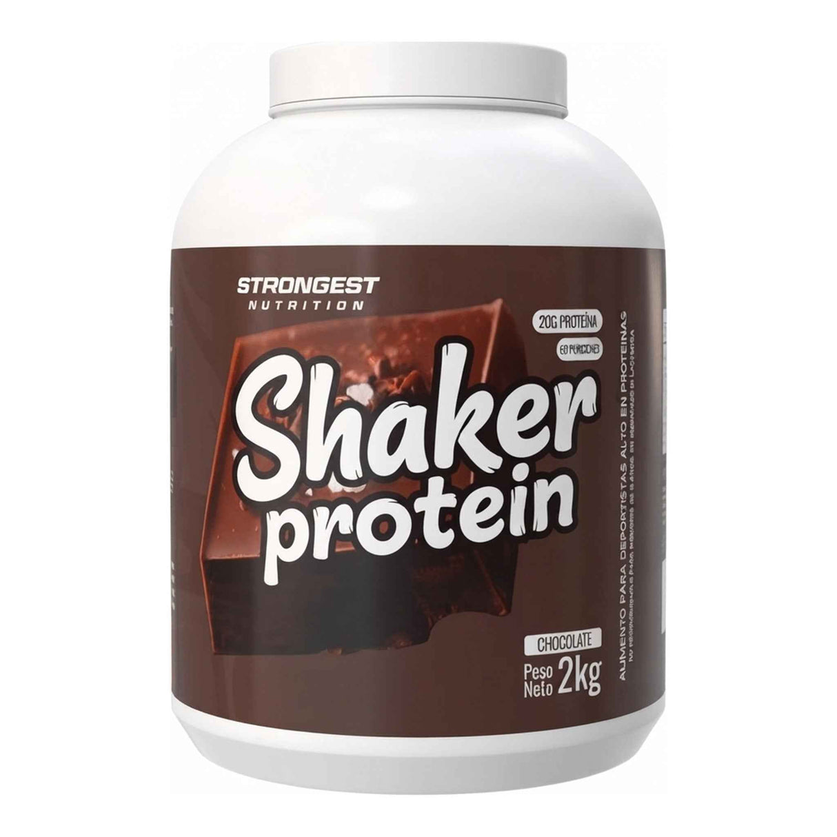 Proteína Shaker Protein Strongest Nutrition sabor Chocolate — whey con colágeno, 20 g de proteína por porción — vista frontal del envase