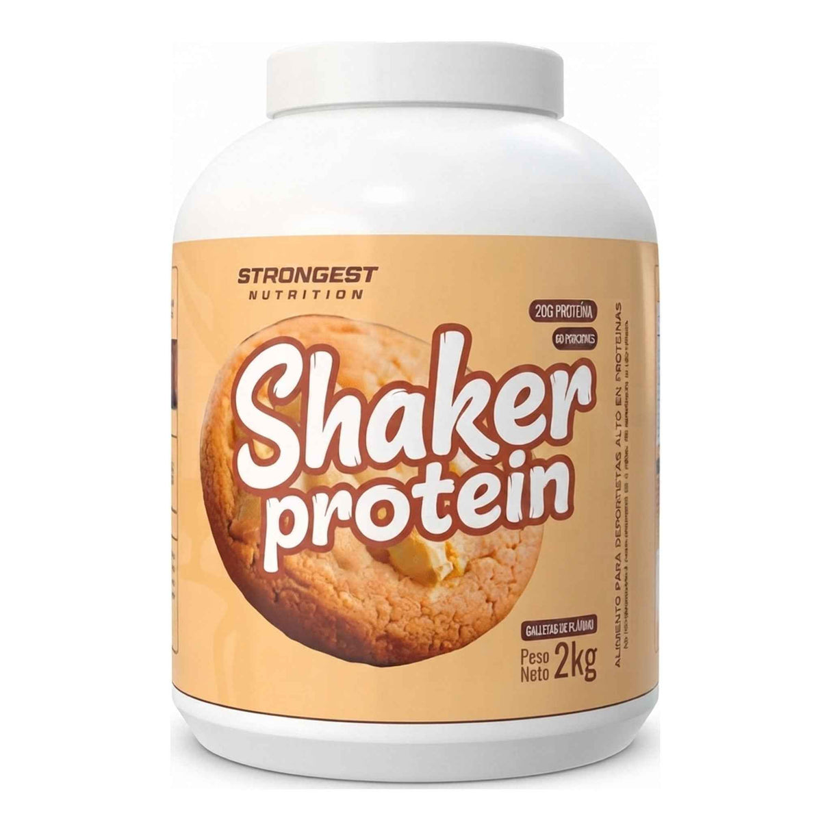 Proteína Shaker Protein Strongest Nutrition sabor Galletas de Plátano — whey con colágeno, 20 g de proteína por porción — vista frontal del envase