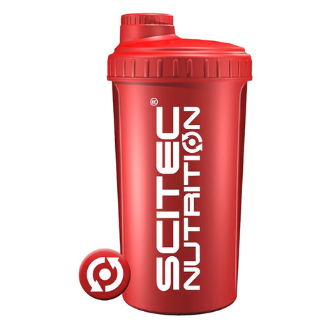 Shaker Scitec Nutrition de 700 ml en color rojo intenso, con el logo de Scitec Nutrition en blanco