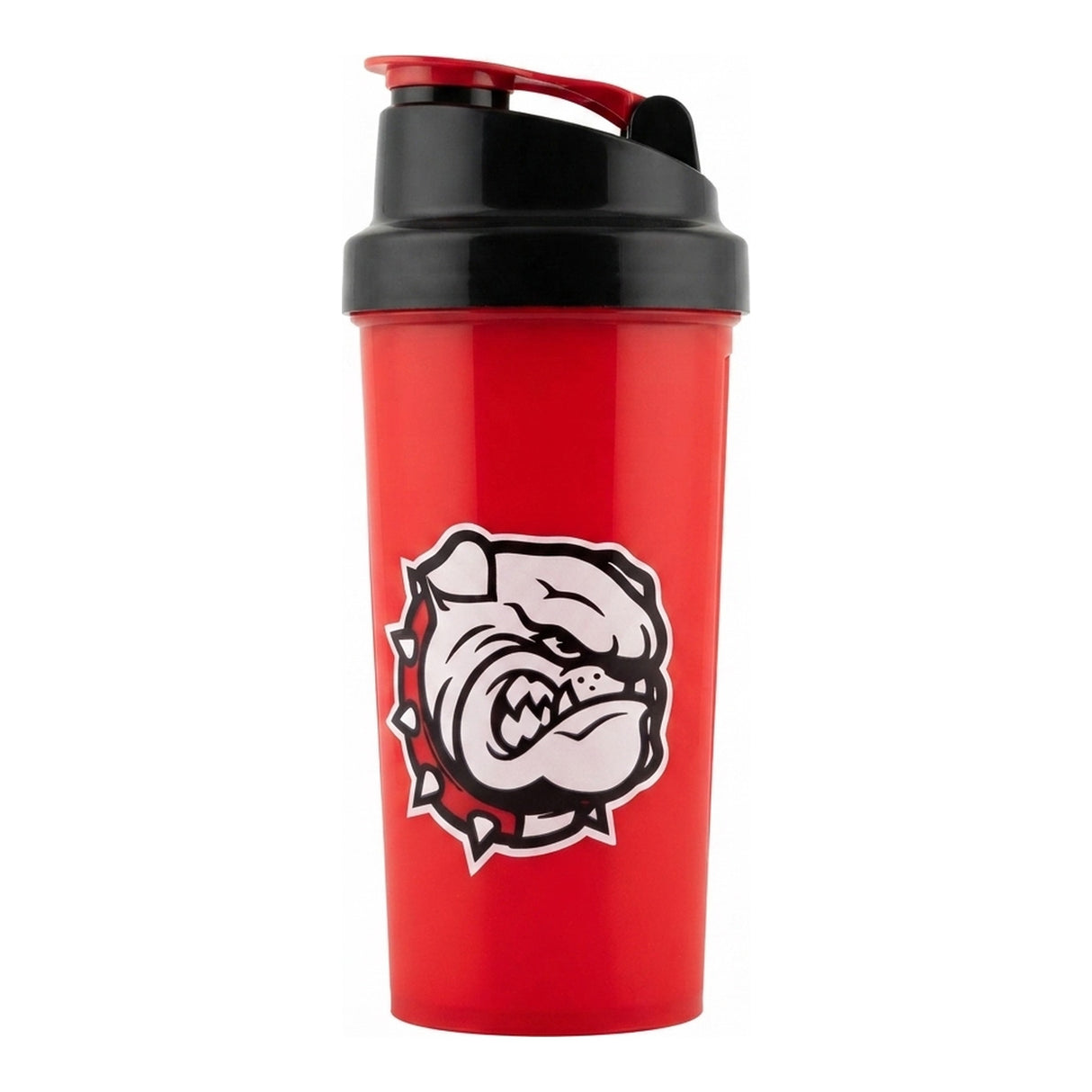 Shaker Strongest 600 ml rojo con tapa negra — coctelera libre de BPA con pico abatible y argolla, logo bulldog Strongest