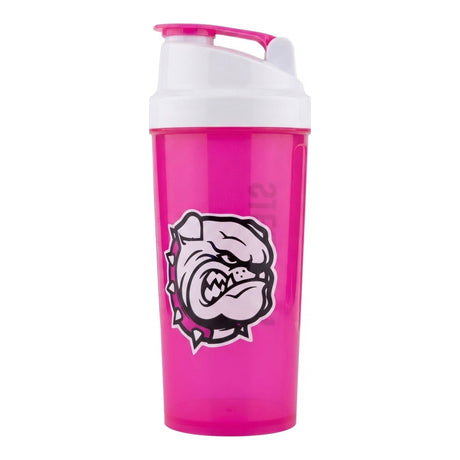 Shaker Strongest 600 ml rosado con tapa blanca — coctelera libre de BPA con pico abatible y argolla, logo bulldog Strongest