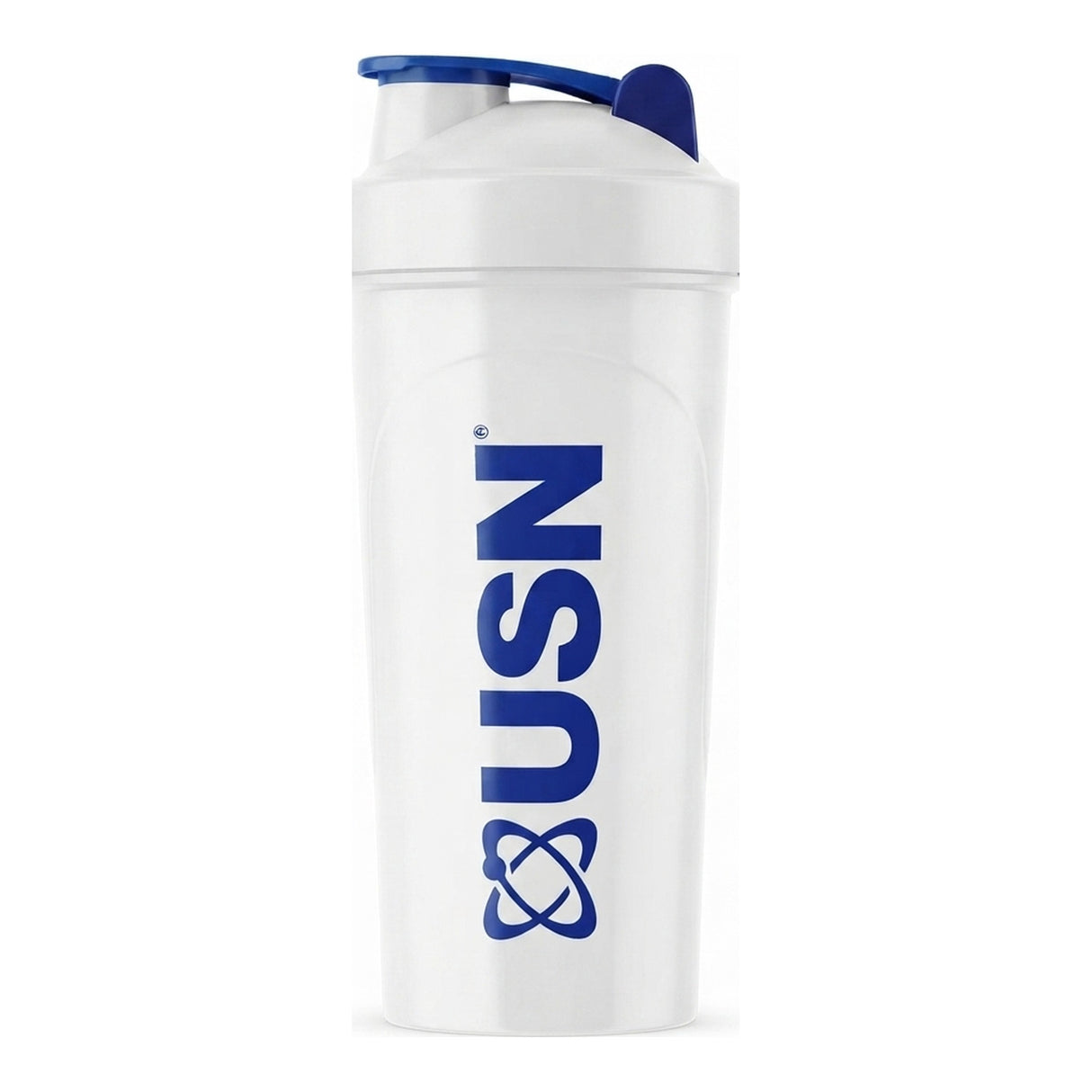 Shaker USN de 700 ml — coctelera de cuerpo blanco translúcido con tapa azul, libre de BPA y DEHP, con tapa a rosca, pico abatible y argolla — logo USN