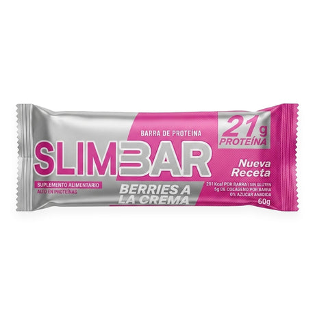 Barra de proteína Slimbar sabor Berries a la Crema 60g - 21 g de proteína por porción, sin gluten - vista frontal del envase
