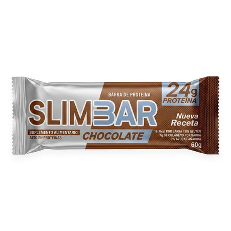 Barra de proteína Slimbar sabor Chocolate 60g - 24 g de proteína por porción, sin gluten - vista frontal del envase