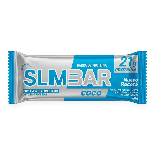 Barra de proteína Slimbar sabor Coco 60g - 21 g de proteína por porción, sin gluten - vista frontal del envase