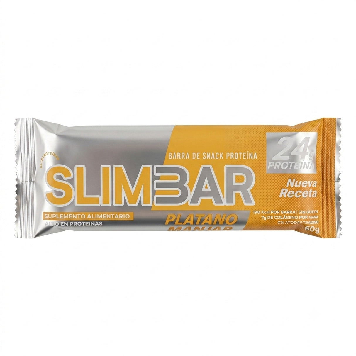 Barra de proteína Slimbar sabor Plátano Manjar 60g - 24 g de proteína por barra, nueva receta - vista frontal del envase