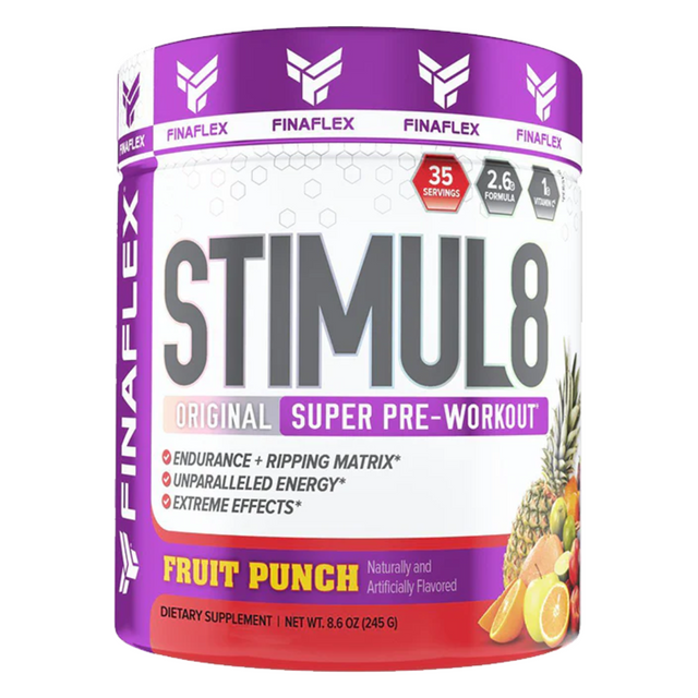 pre entreno stimul8 de la marca finaflex de sabor fruit punch 